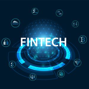 Abstract FinTech Finance Technology applied in the financial business On a modern blue background, futuristic.